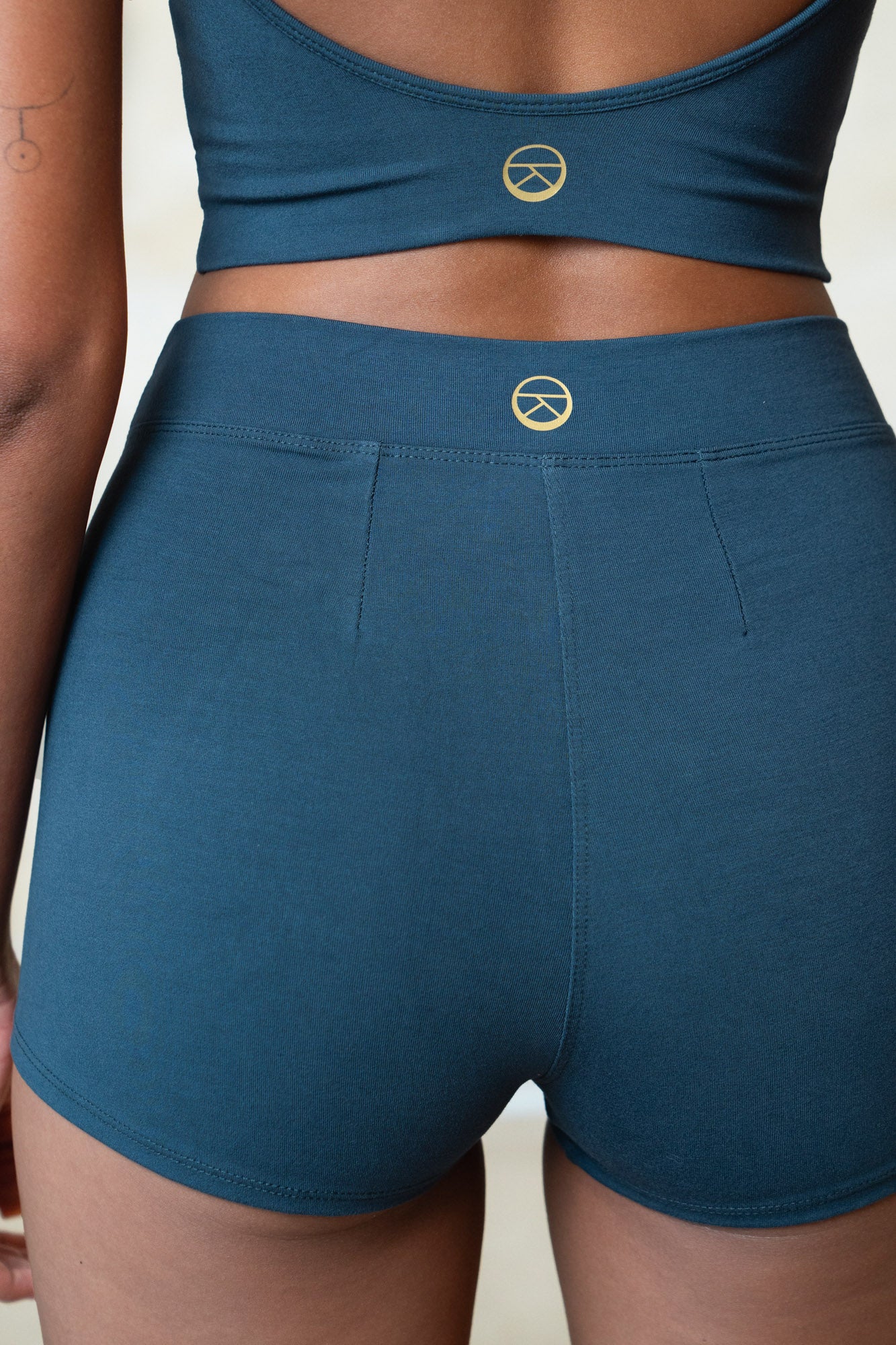Studio K Edda Bamboo Booty Shorts in Ocean – eco-friendly, soft, and comfortable yoga and lounge wear, available in multiple sizes.