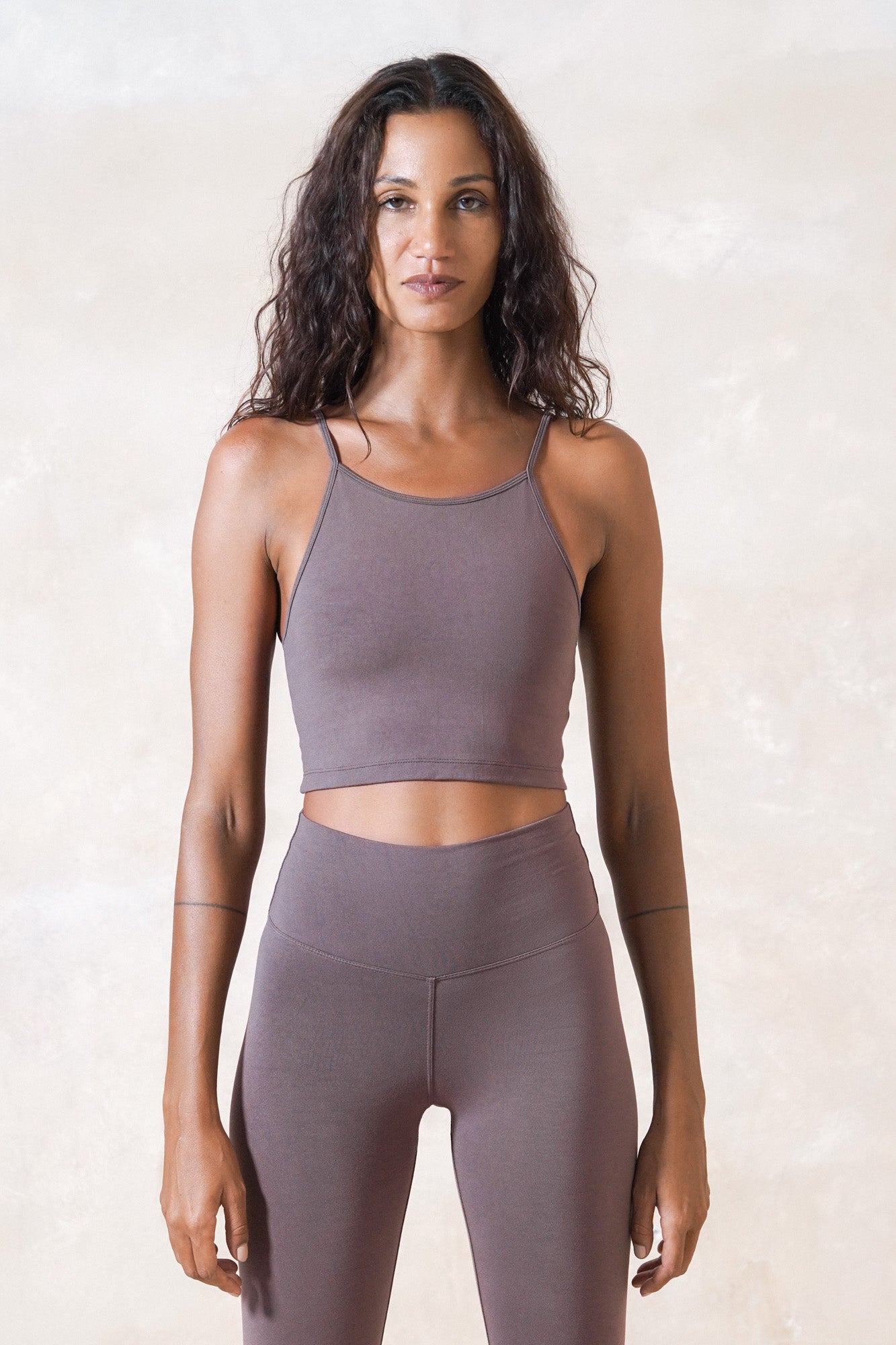 Studio K Ester Bamboo Built-in Bra Crop Top in Taupe – eco-friendly, soft, and comfortable yoga and lounge wear, available in multiple sizes.