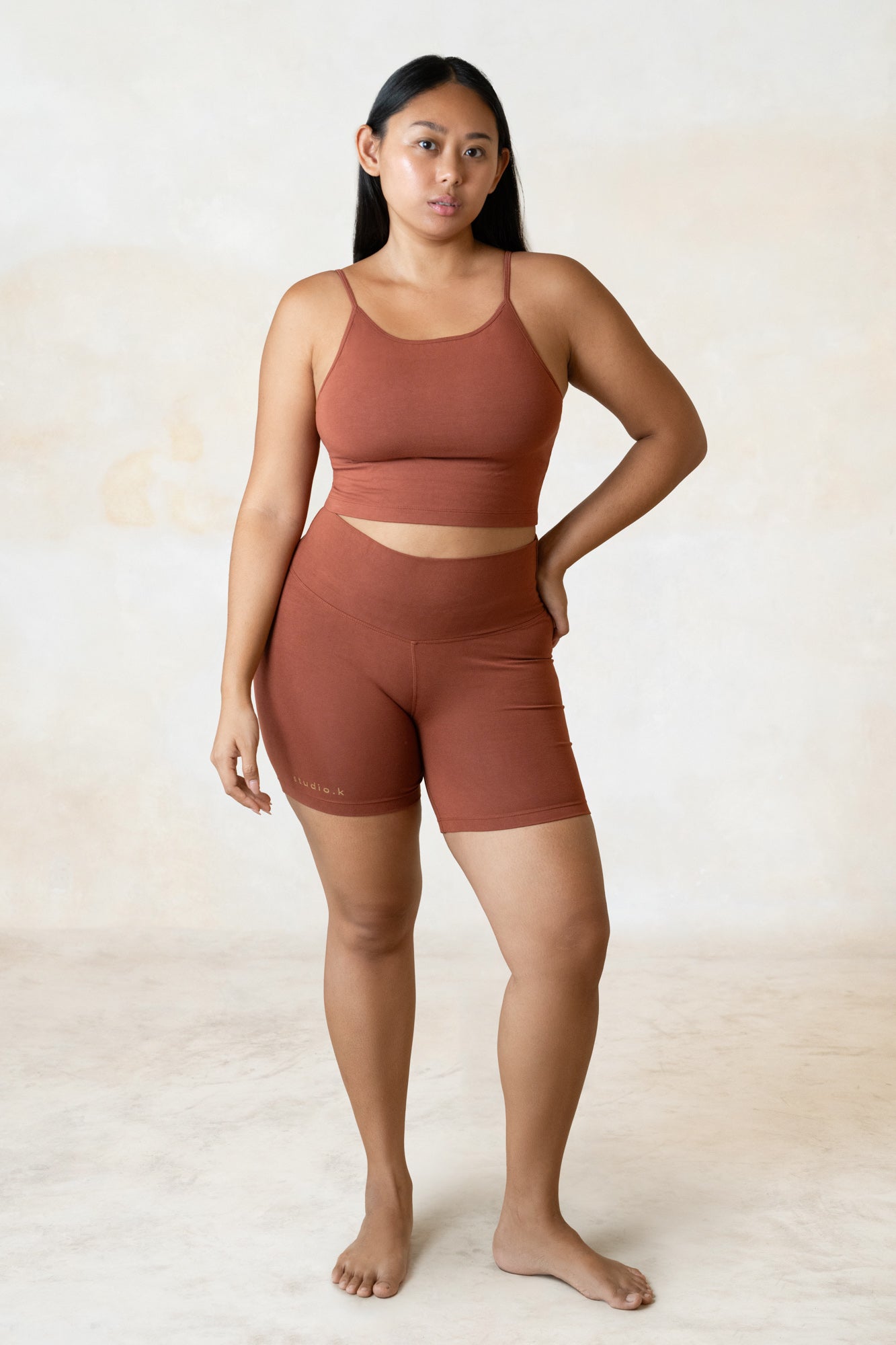 Studio K Ester Bamboo Built-in Bra Crop Top – eco-friendly, soft, and comfortable yoga and lounge wear, available in multiple sizes.