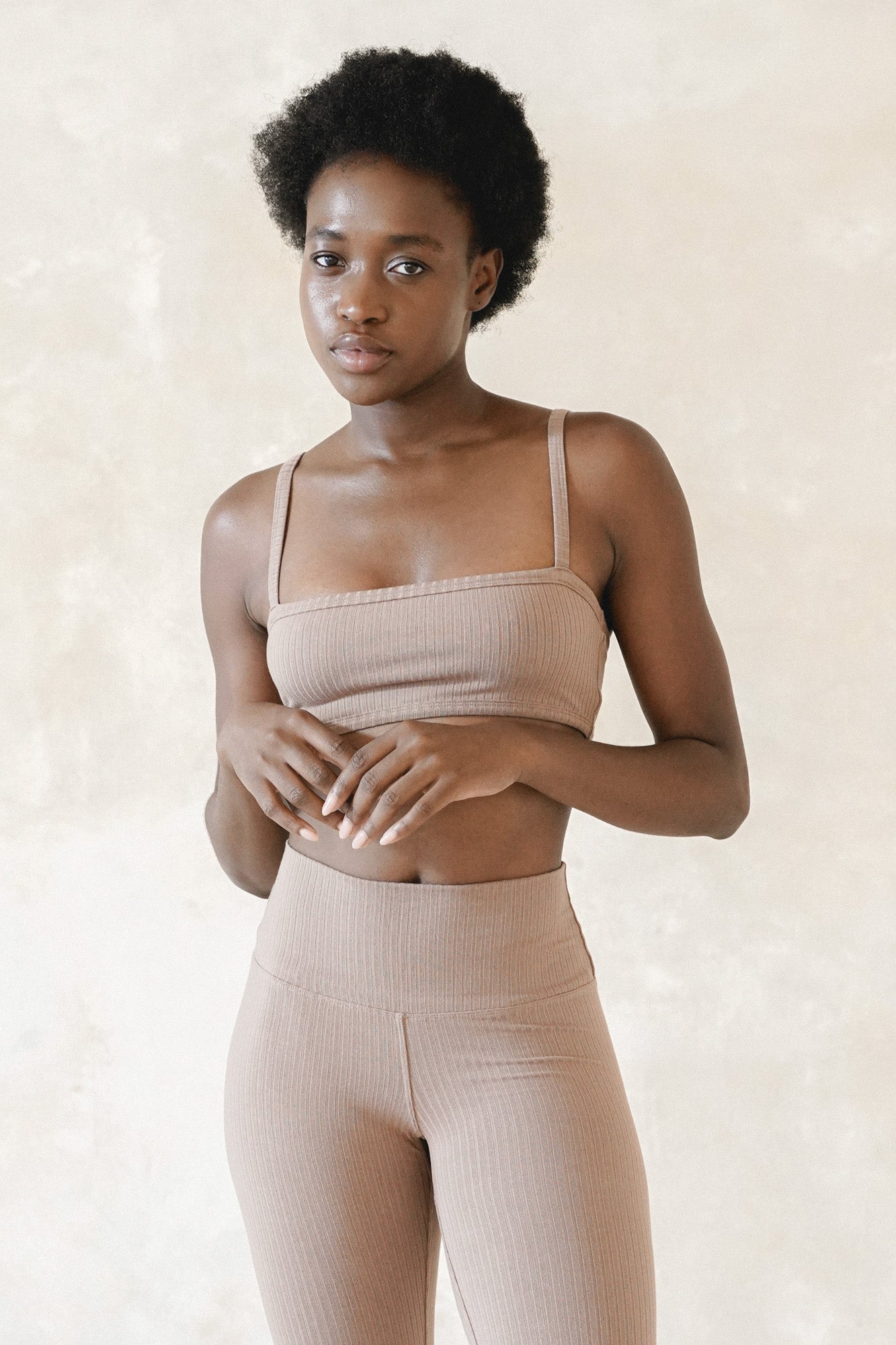 Studio K Rib Bralette and Shorts Set in Mocca – sustainable, soft, and comfortable yoga and lounge wear, available in multiple sizes.