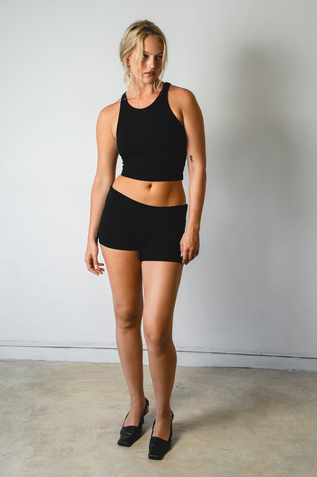 Studio K Rib Tank and Shorts Set in Black – sustainable, soft, and comfortable yoga and lounge wear, available in multiple sizes.