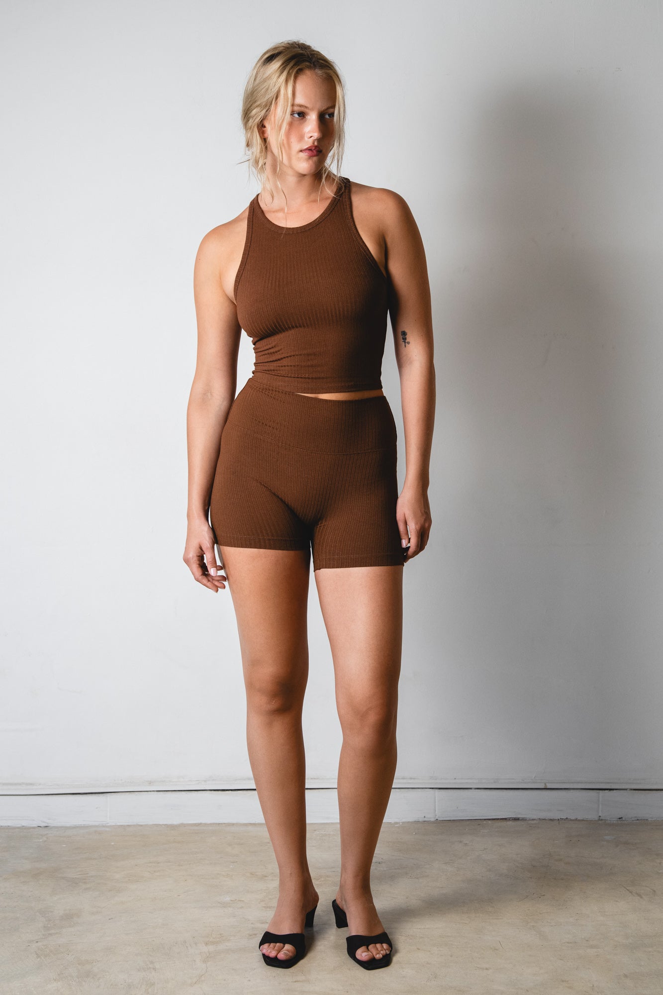Studio K Rib Tank Top in Chocolate – sustainable, soft, and comfortable yoga and lounge wear, available in multiple sizes.