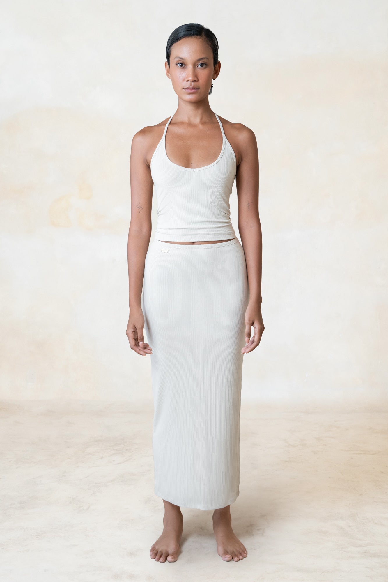 Studio K Rib Halter Neck Top in Ivory – sustainable, stylish, and comfortable yoga and lounge wear, available in multiple sizes.