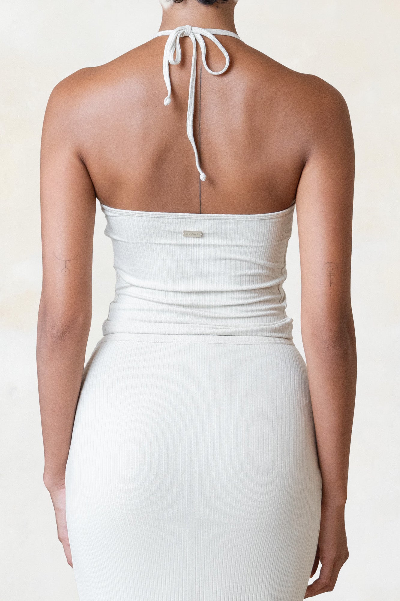 Studio K Rib Halter Neck Top in Ivory – sustainable, stylish, and comfortable yoga and lounge wear, available in multiple sizes.