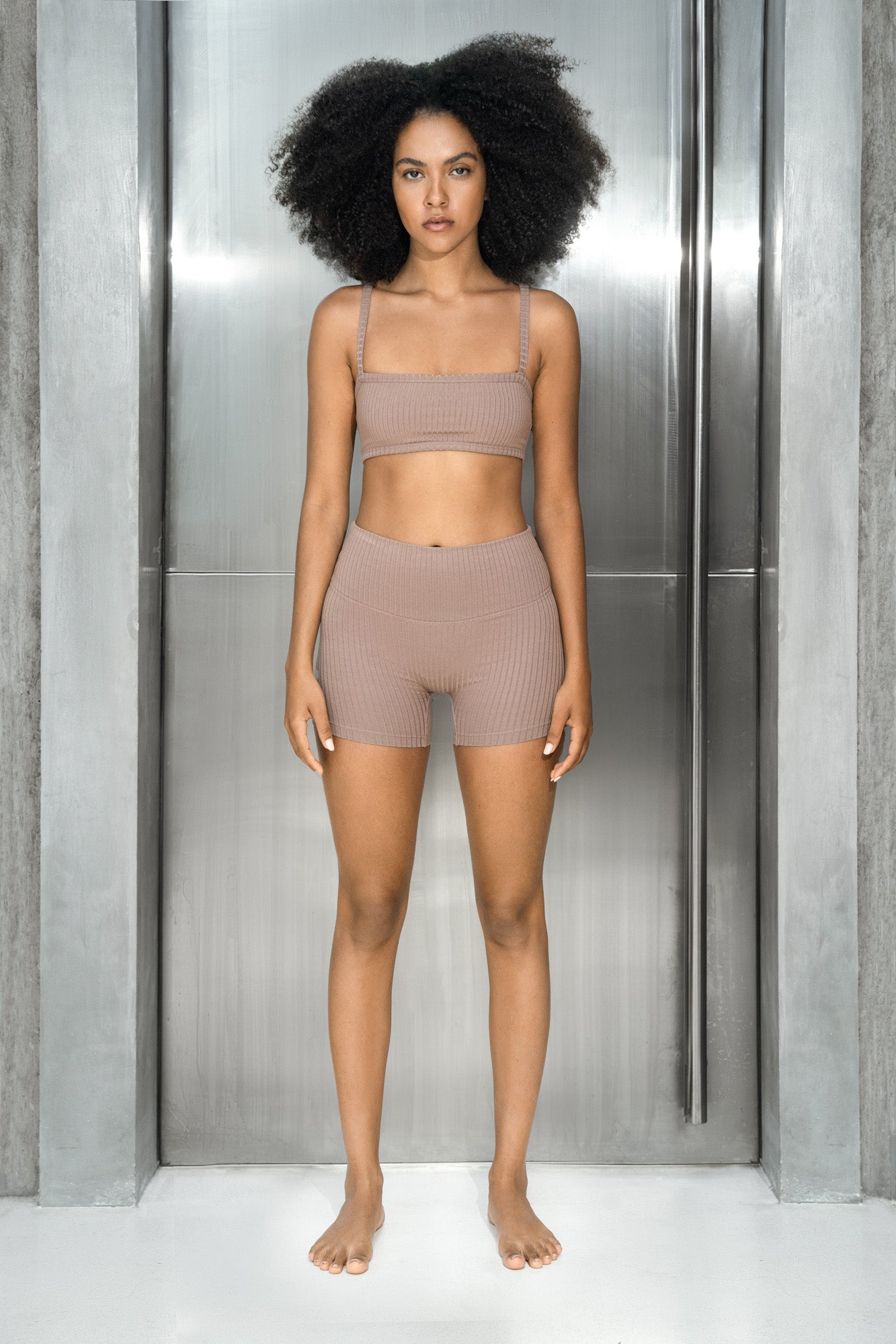Studio K Rib Bralette and Shorts Set in Mocca – sustainable, soft, and comfortable yoga and lounge wear, available in multiple sizes.