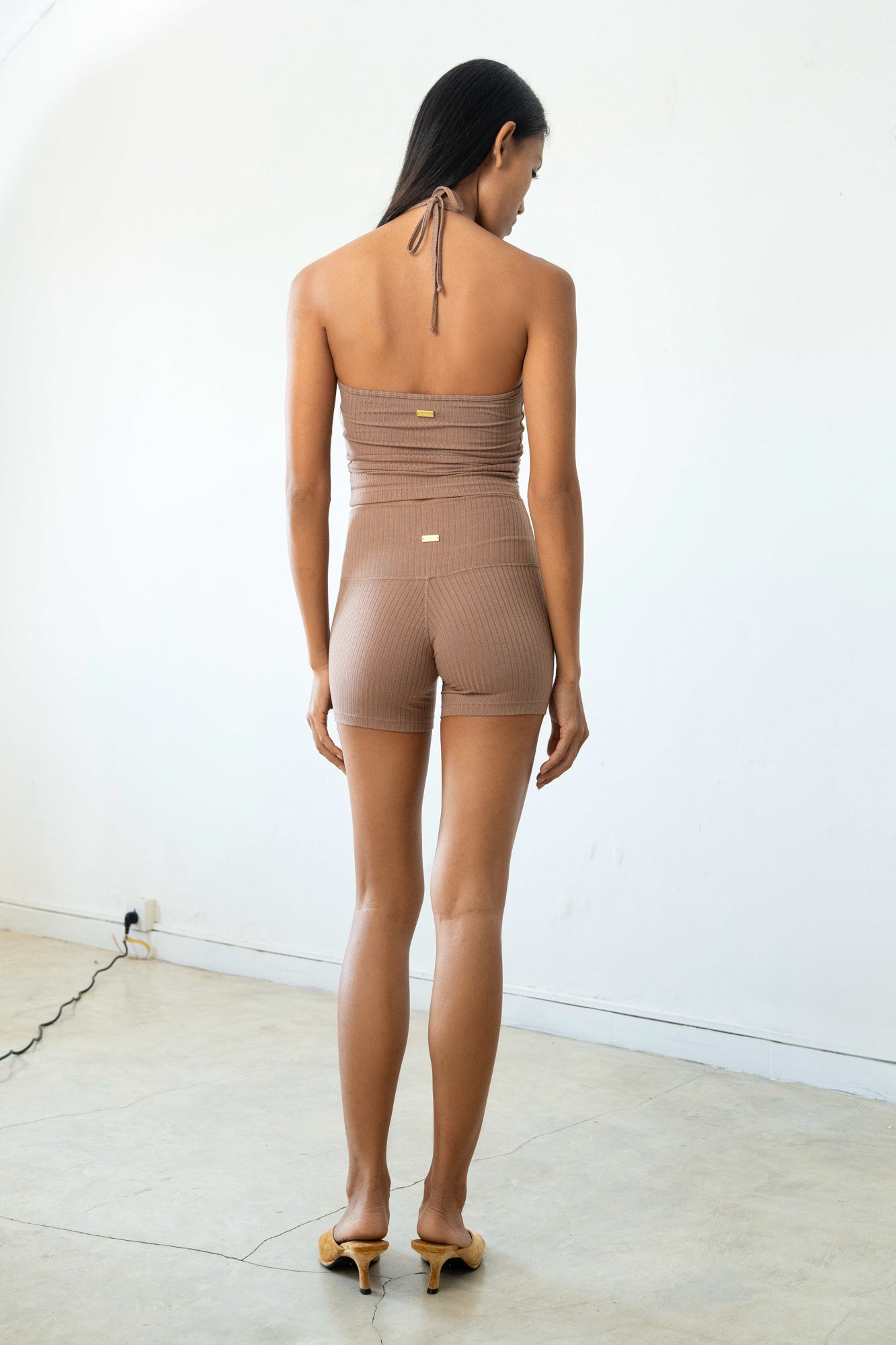 Studio K Rib Halterneck Shorts Set in Mocca – sustainable, stylish, and comfortable yoga and lounge wear, available in multiple sizes.