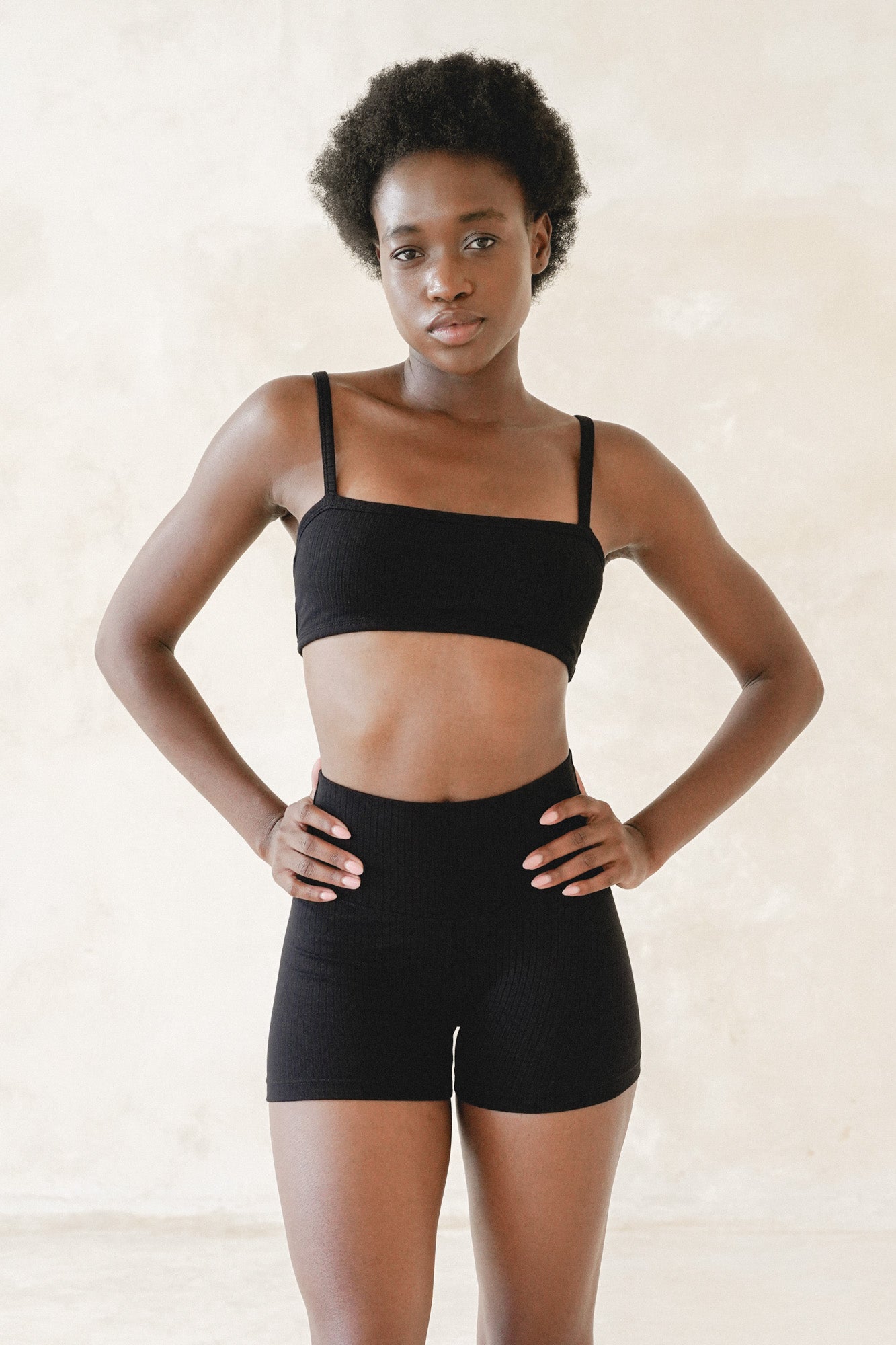 Studio K Rib Bralette and Leggings Set in Black – sustainable, soft, and comfortable yoga and lounge wear, available in multiple sizes.