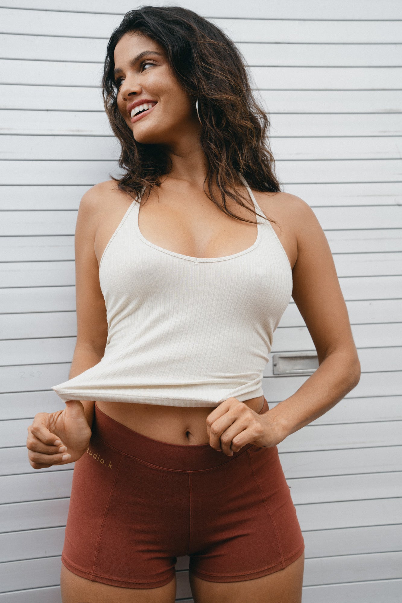 Studio K Rib Halter Neck Top in Ivory – sustainable, stylish, and comfortable yoga and lounge wear, available in multiple sizes.