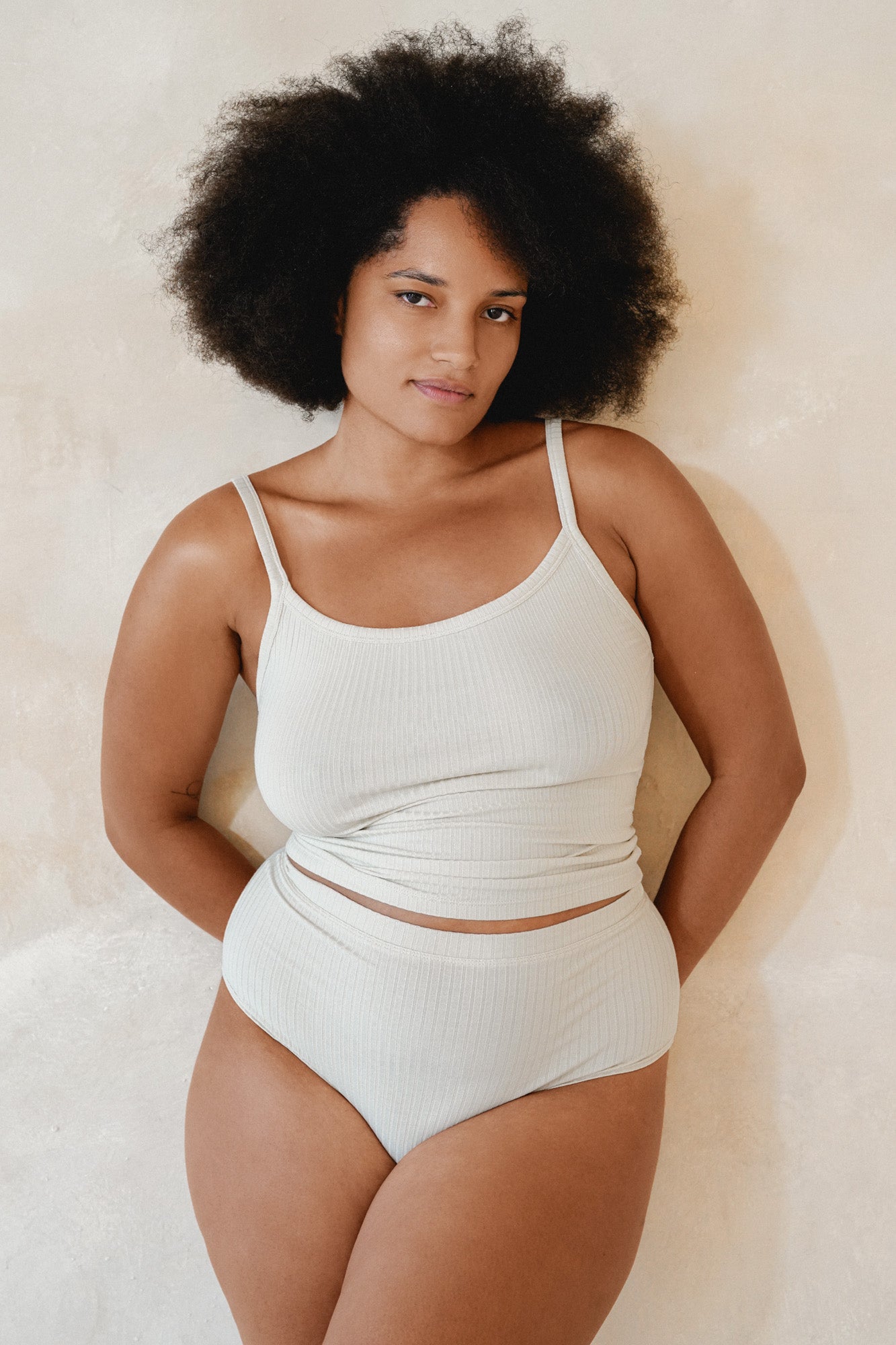 Studio K Rib Singlet and Flares Set in Ivory – sustainable, stylish, and comfortable yoga and lounge wear, available in multiple sizes.