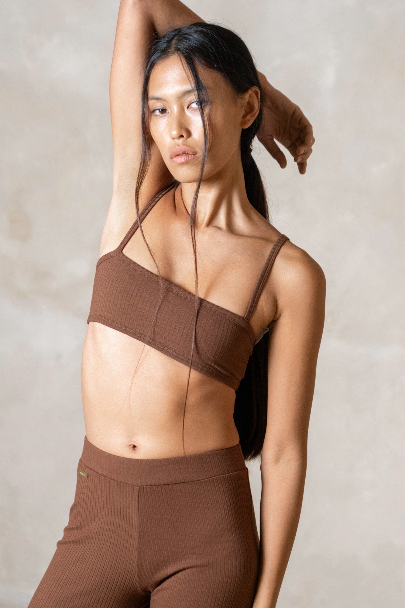 Studio K Rib Bralette and Flares Set in Chocolate – sustainable, soft, and comfortable yoga and lounge wear, available in multiple sizes.