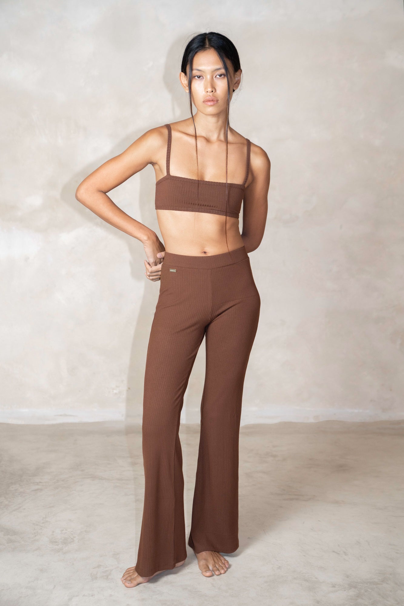Studio K Rib Chocolate Singlet Flares – sustainable, stylish, and comfortable yoga and lounge wear, available in multiple sizes.