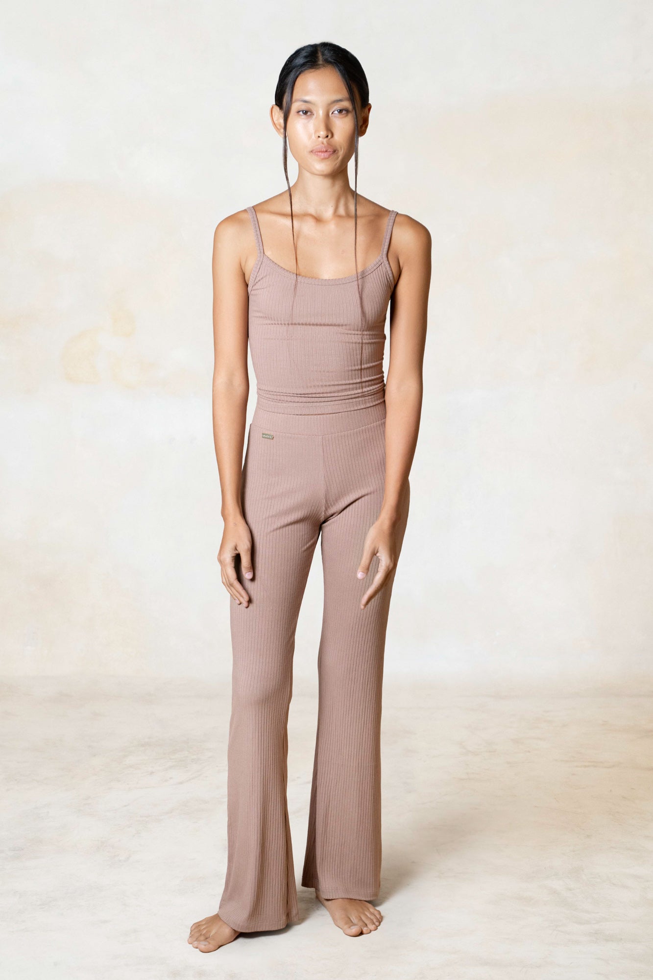 Studio K Rib Flares Singlet in Mocca – sustainable, stylish, and comfortable yoga and lounge wear, available in multiple sizes.