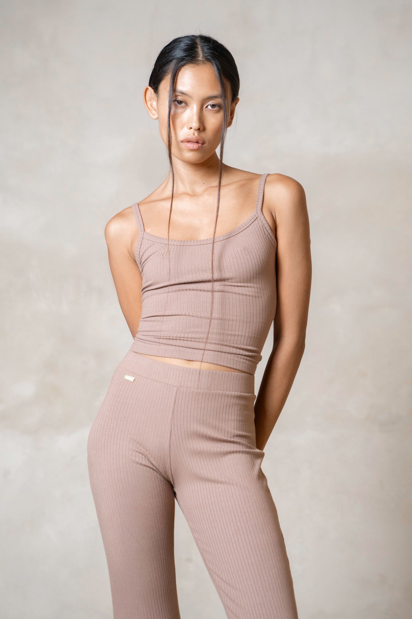 Studio K Rib Flares Singlet in Mocca – sustainable, stylish, and comfortable yoga and lounge wear, available in multiple sizes.
