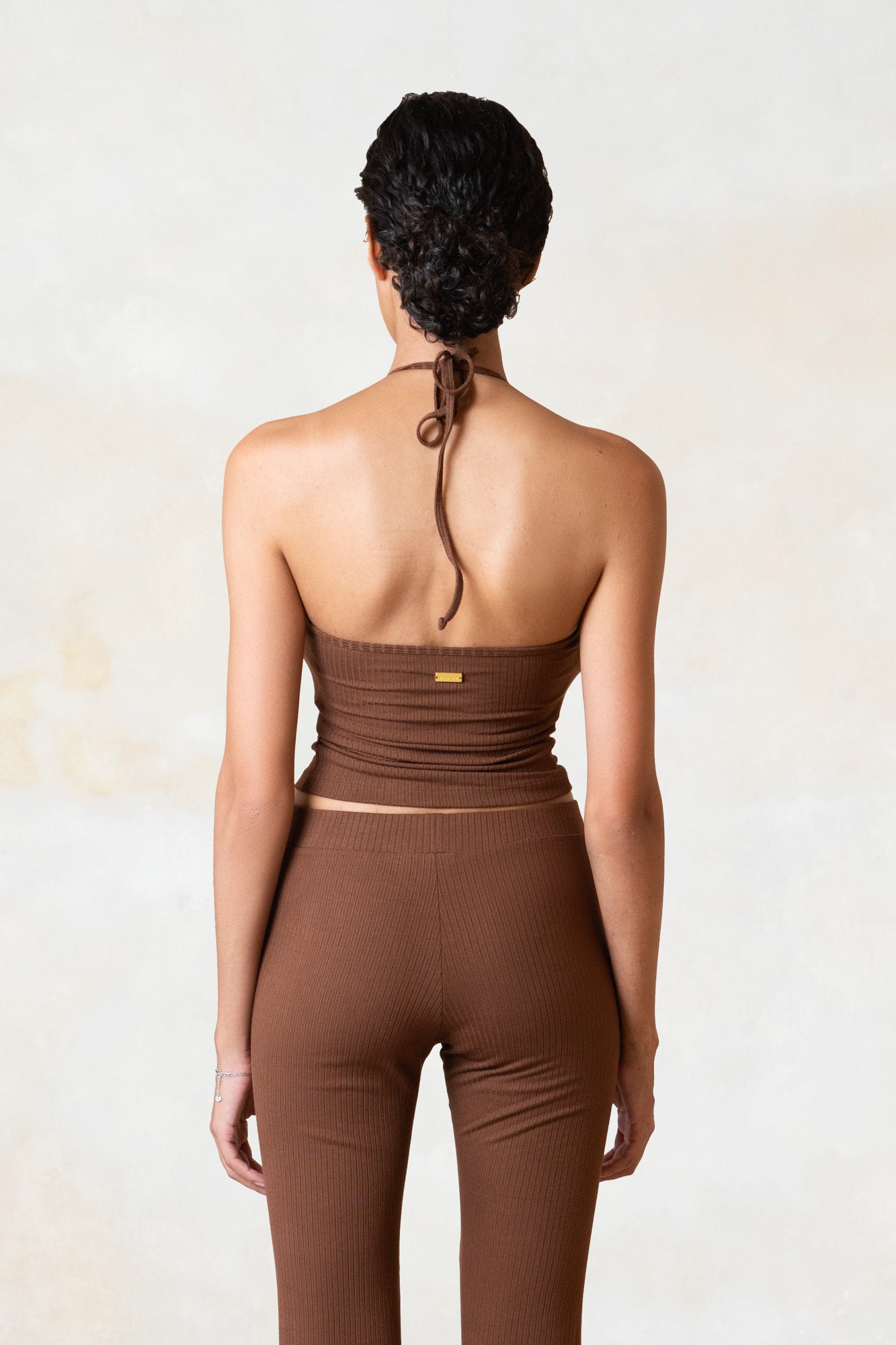 Studio K Rib Halter Neck Top – sustainable, stylish, and comfortable yoga and lounge wear, available in multiple sizes.
