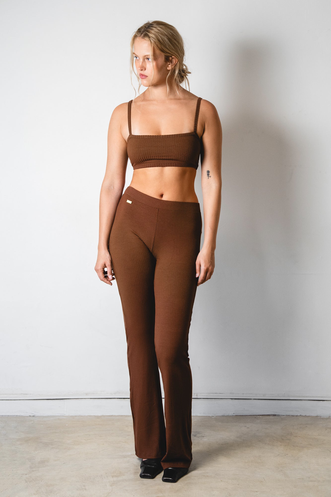 Studio K Rib Bralette and Flares Set in Chocolate – sustainable, stylish, and comfortable yoga and lounge wear, available in multiple sizes.