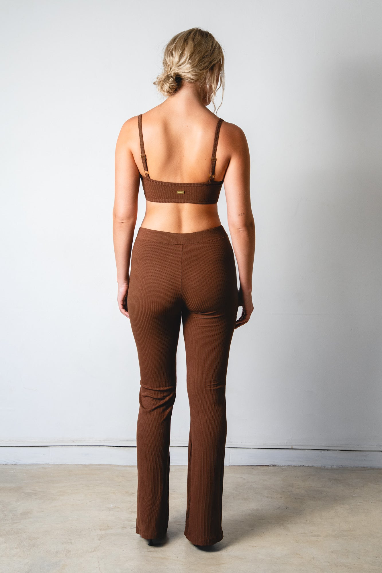 Studio K Rib Bralette and Flares Set in Chocolate – sustainable, stylish, and comfortable yoga and lounge wear, available in multiple sizes.