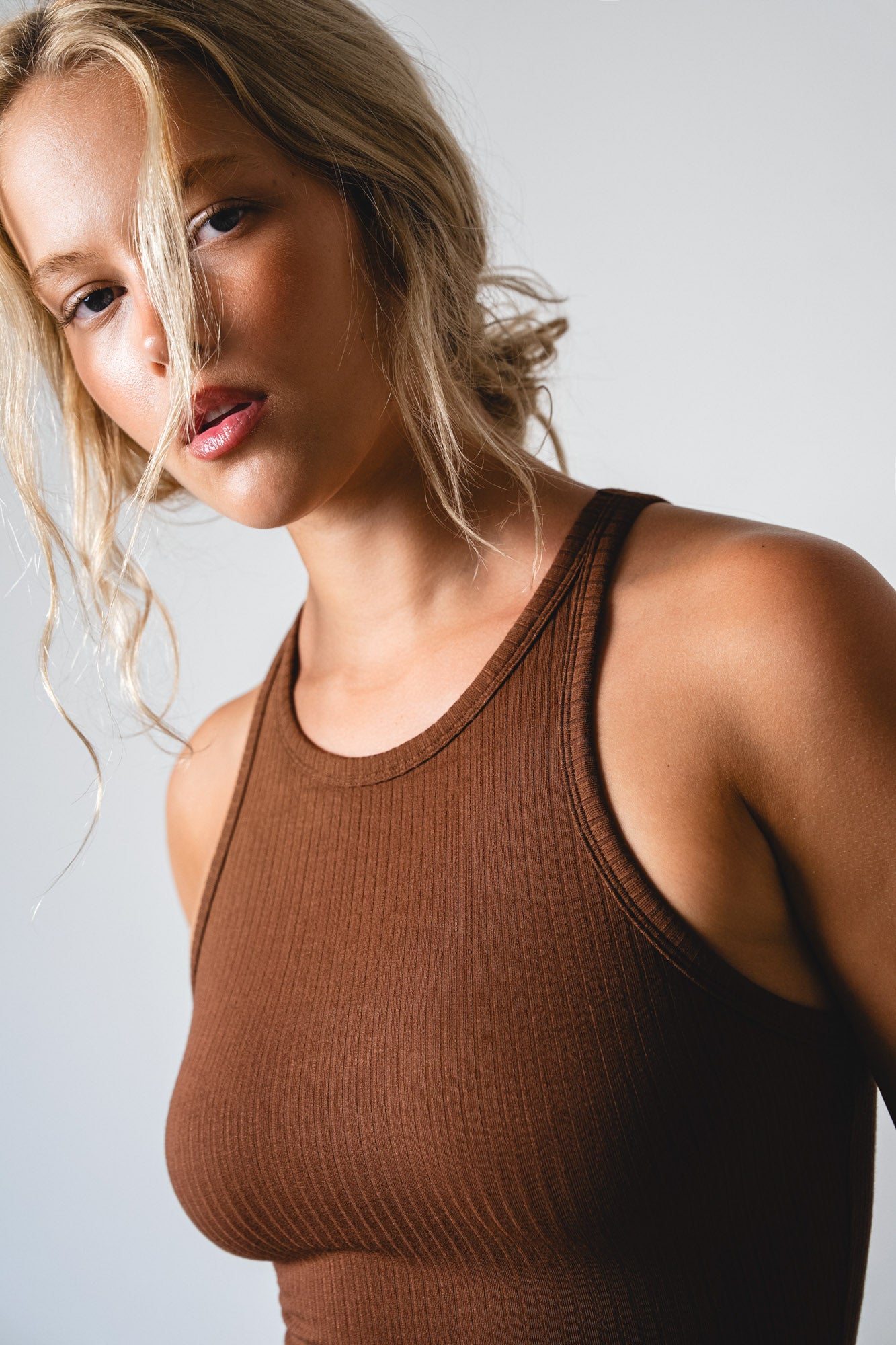 Studio K Rib Tank Top in Chocolate – sustainable, soft, and comfortable yoga and lounge wear, available in multiple sizes.
