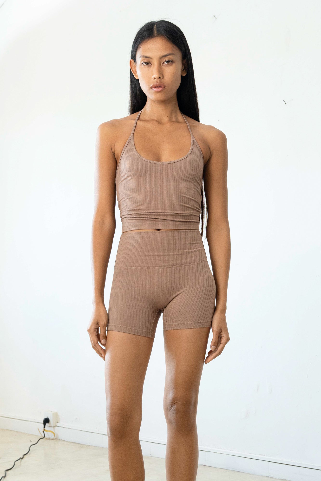 Studio K Rib Halterneck Shorts Set in Mocca – sustainable, stylish, and comfortable yoga and lounge wear, available in multiple sizes.