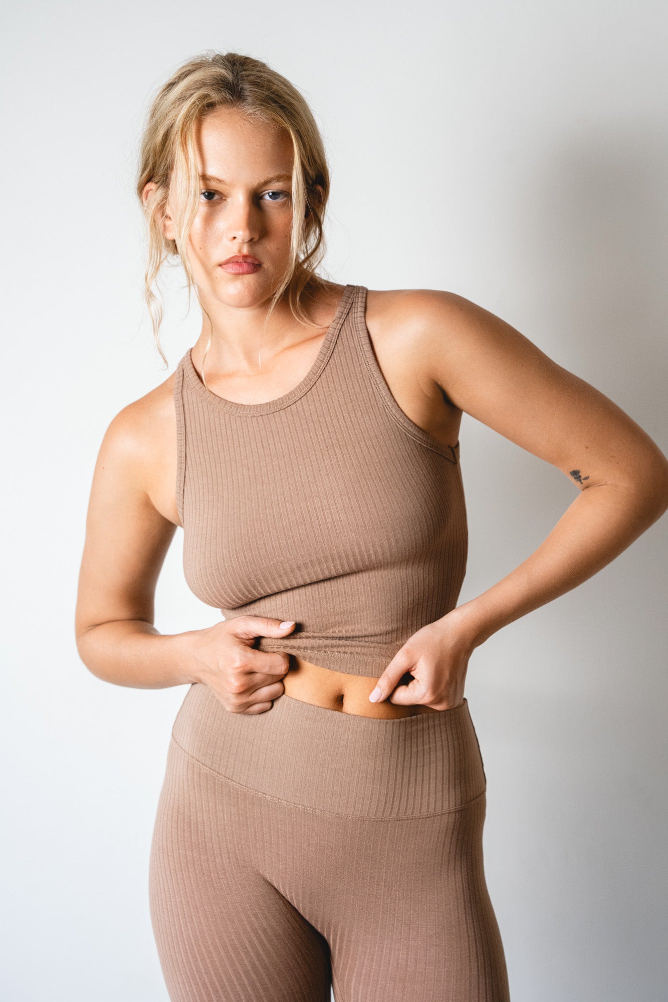 Studio K Rib Tank and Leggings Set in Mocca – sustainable, soft, and comfortable yoga and lounge wear, available in multiple sizes.