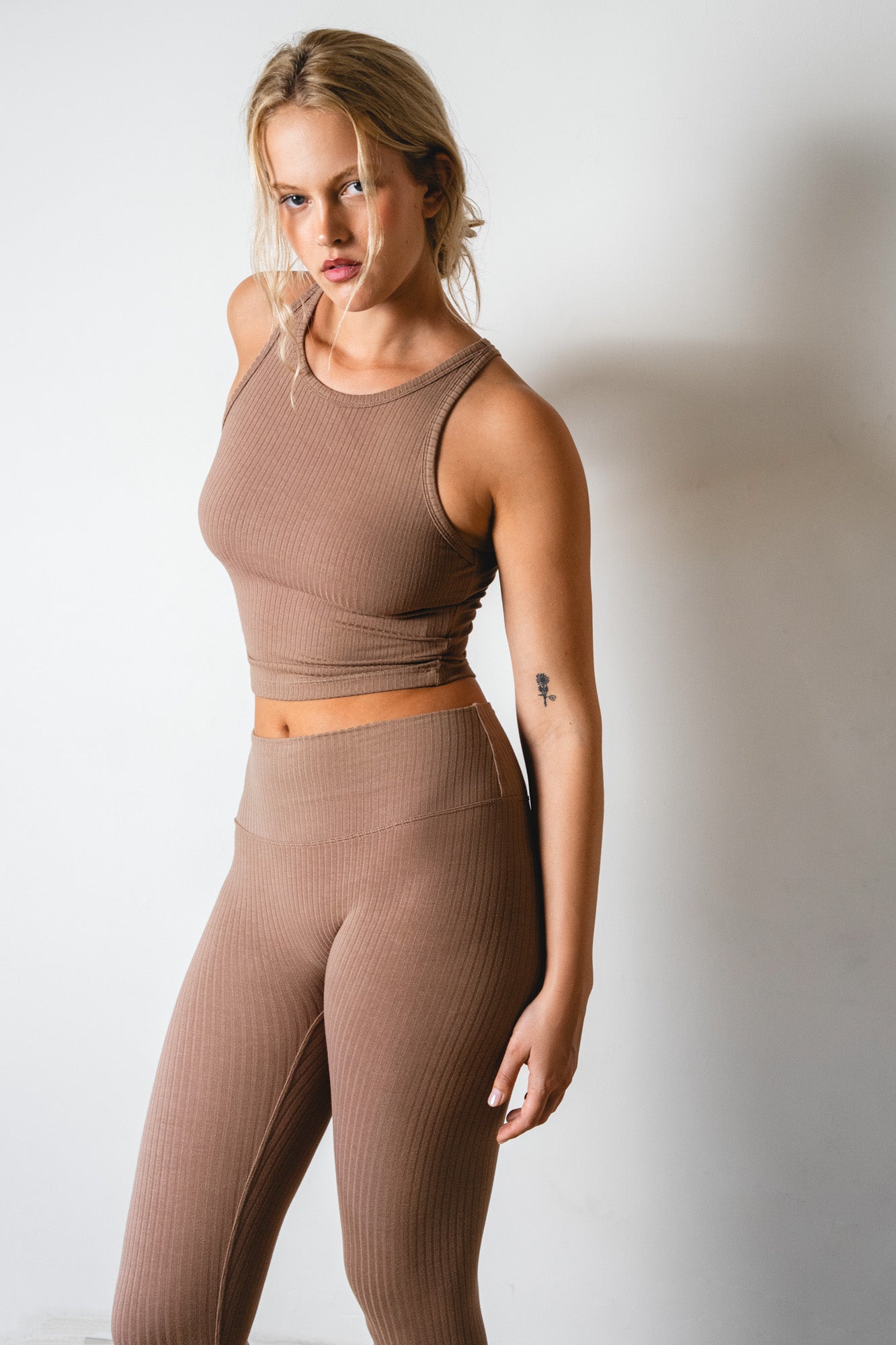 Studio K Rib Tank and Leggings Set in Mocca – sustainable, soft, and comfortable yoga and lounge wear, available in multiple sizes.