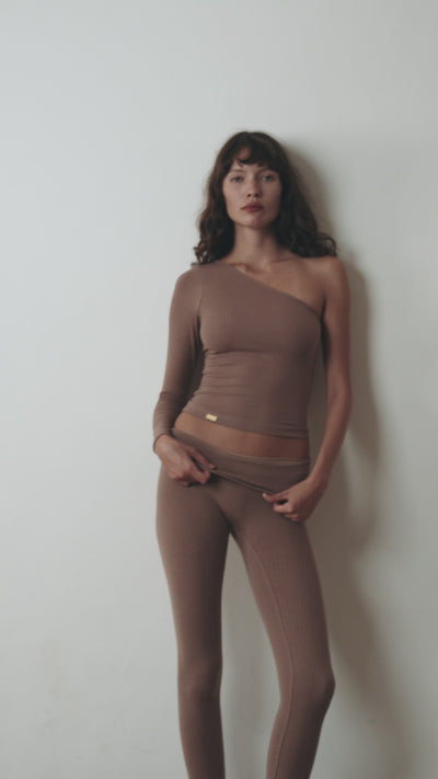 Studio K Rib One Shoulder Top in Mocca – sustainable, stylish, and comfortable yoga and lounge wear, available in multiple sizes.